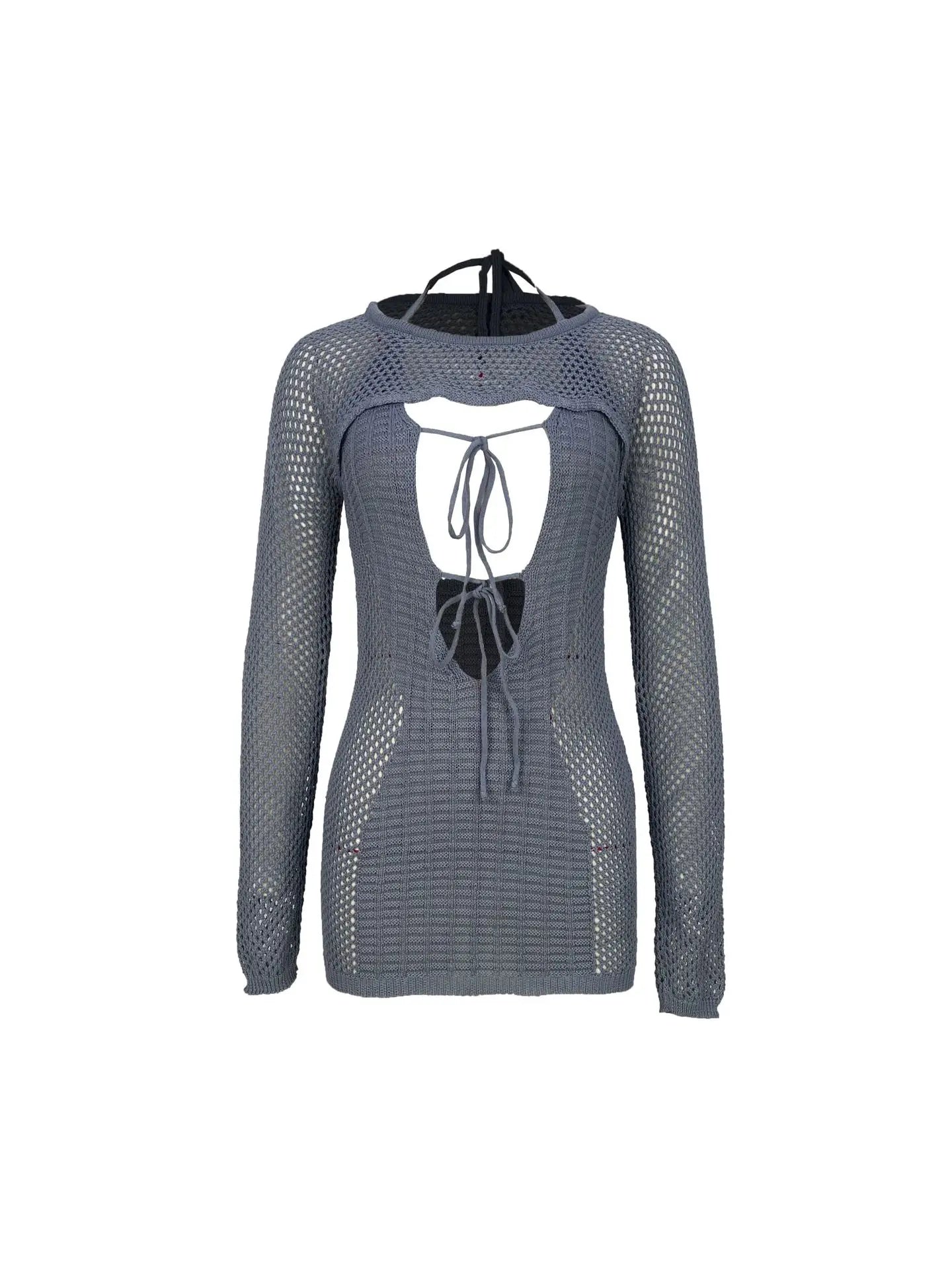 CM.YAYA Crochet Birthday Bodycon Midi Halter Neck Tie Up Dress  Women 2023 Dresses with Cover-ups Two 2 Piece Sets Vestidos
