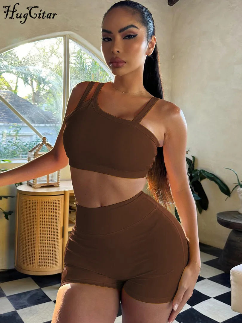 Hugcitar Summer Fashion 2 Pcs Sets Solid Straps Backless Sexy Crop Tank Top Draped Shorts Slim Women Clothes Vacation Work Out