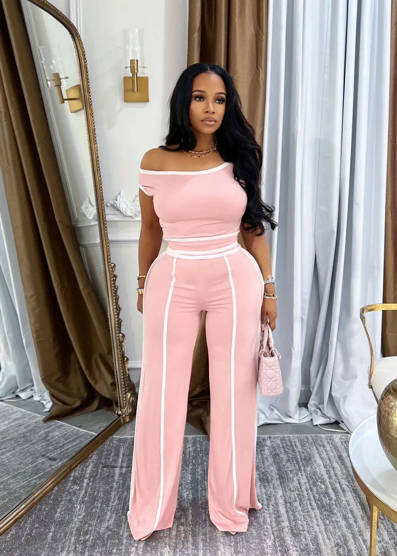Sexy Women Onelength Shoulder Splicing Line High Waisted Pants Suit Spring New  Casual Wide-leg Pants Short Sleeve 2 Piece Set
