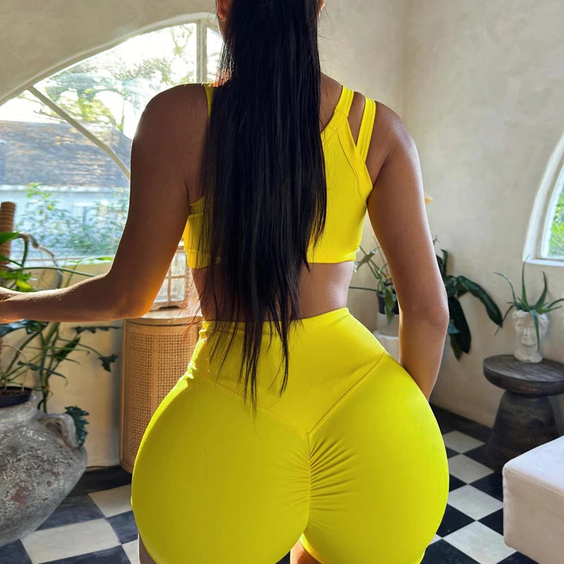 Hugcitar Summer Fashion 2 Pcs Sets Solid Straps Backless Sexy Crop Tank Top Draped Shorts Slim Women Clothes Vacation Work Out