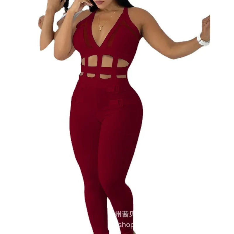 2024 New White Waist Hollow Strap Neck Tight Jumpsuit Fashion Trend Sleeveless Spring And Autumn Solid Color