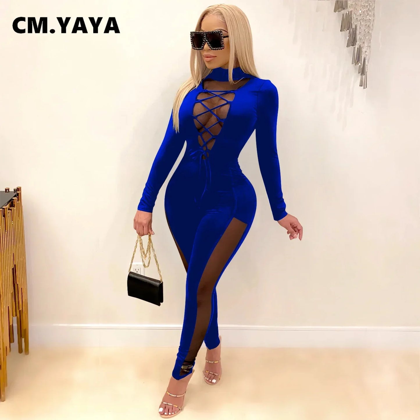 Mesh Patchwork Lace Up Turtleneck Bodycon Elastic Jumpsuit Women Sexy Club Night Party One Piece Overall Romper 2021