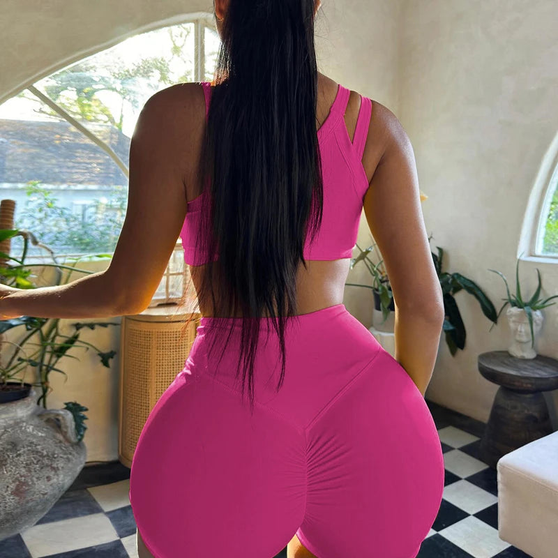 Hugcitar Summer Fashion 2 Pcs Sets Solid Straps Backless Sexy Crop Tank Top Draped Shorts Slim Women Clothes Vacation Work Out
