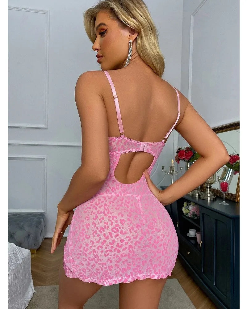 Toucheart Sexy Leopard Print Lingerie Suit for Women Perspective Mesh Tight Nightgown Suspender Pajamas Thong Underwear Set New
