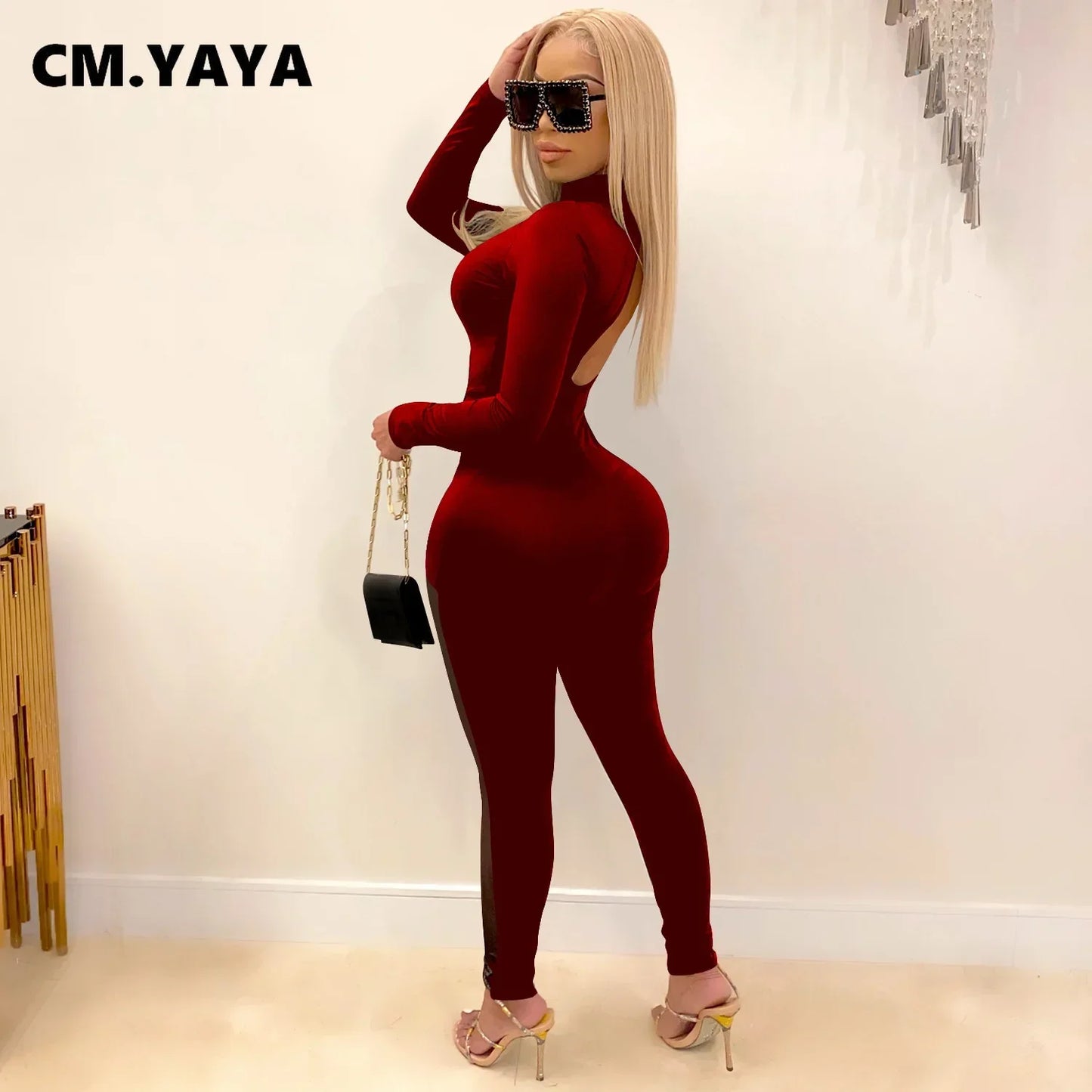 Mesh Patchwork Lace Up Turtleneck Bodycon Elastic Jumpsuit Women Sexy Club Night Party One Piece Overall Romper 2021