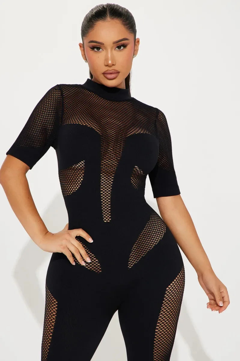 Short Sleeve Women Mesh Hollow Out O-neck Rompers Jumpsuits 2024 Summer Sleep Night Club Party One Piece Sexy Outfits