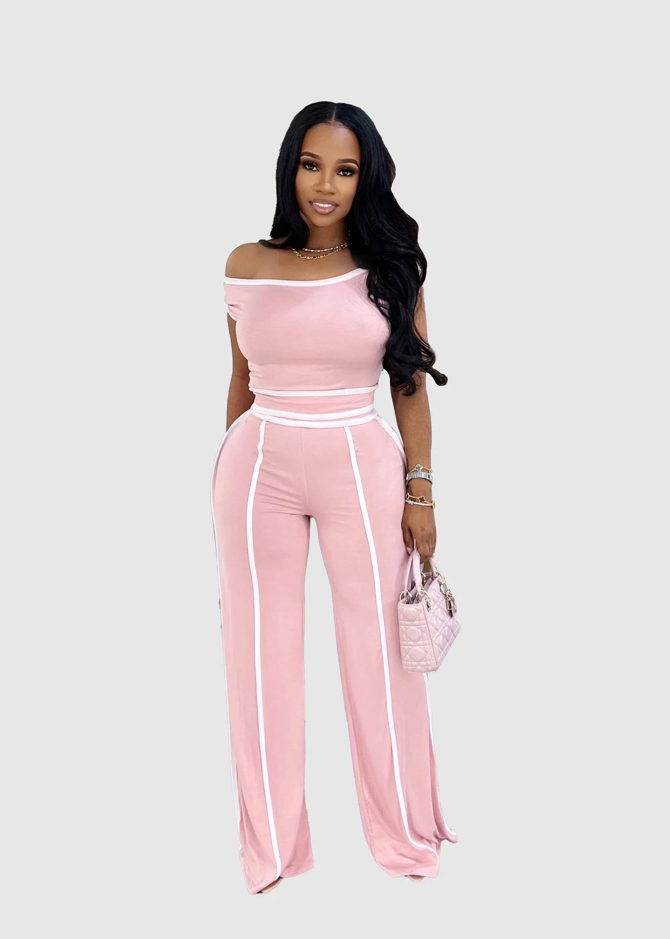 Sexy Women Onelength Shoulder Splicing Line High Waisted Pants Suit Spring New  Casual Wide-leg Pants Short Sleeve 2 Piece Set