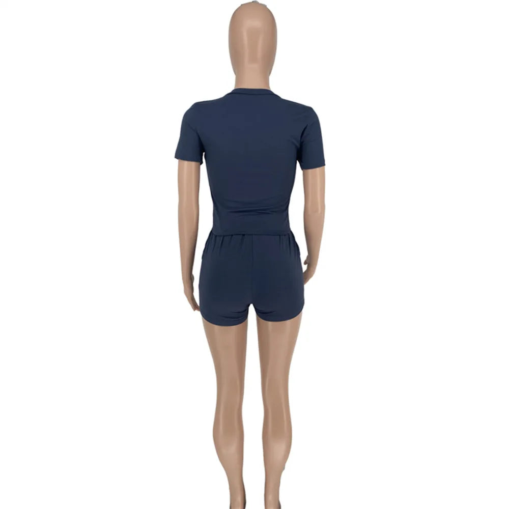 FAGADOER Solid Color Short Sleeve Crop Top and Pockets Biker Shorts 2 Pcs Set Sexy Slim Summer Fashion Outfit Casual Streetwear
