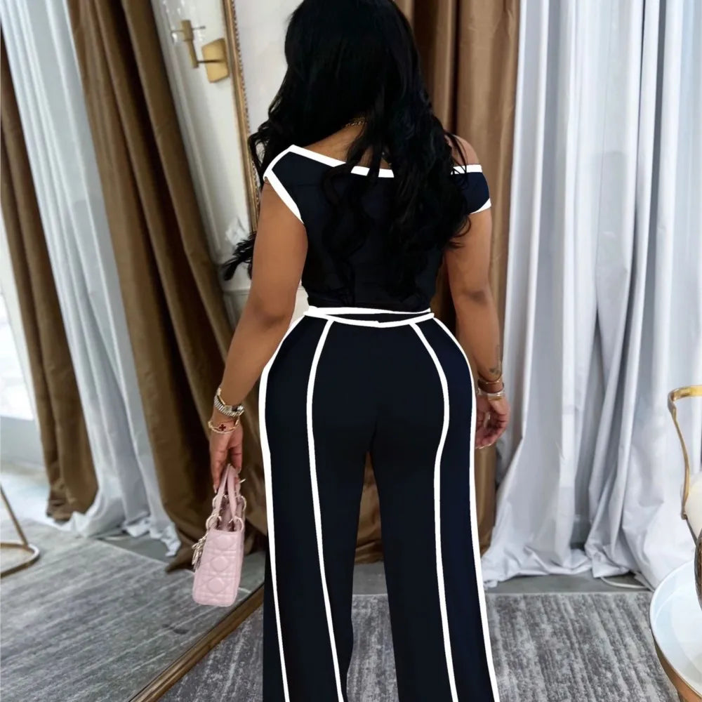 Sexy Women Onelength Shoulder Splicing Line High Waisted Pants Suit Spring New  Casual Wide-leg Pants Short Sleeve 2 Piece Set