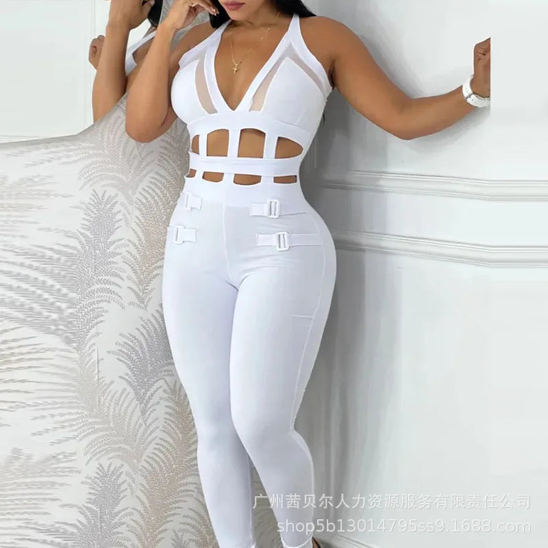 2024 New White Waist Hollow Strap Neck Tight Jumpsuit Fashion Trend Sleeveless Spring And Autumn Solid Color
