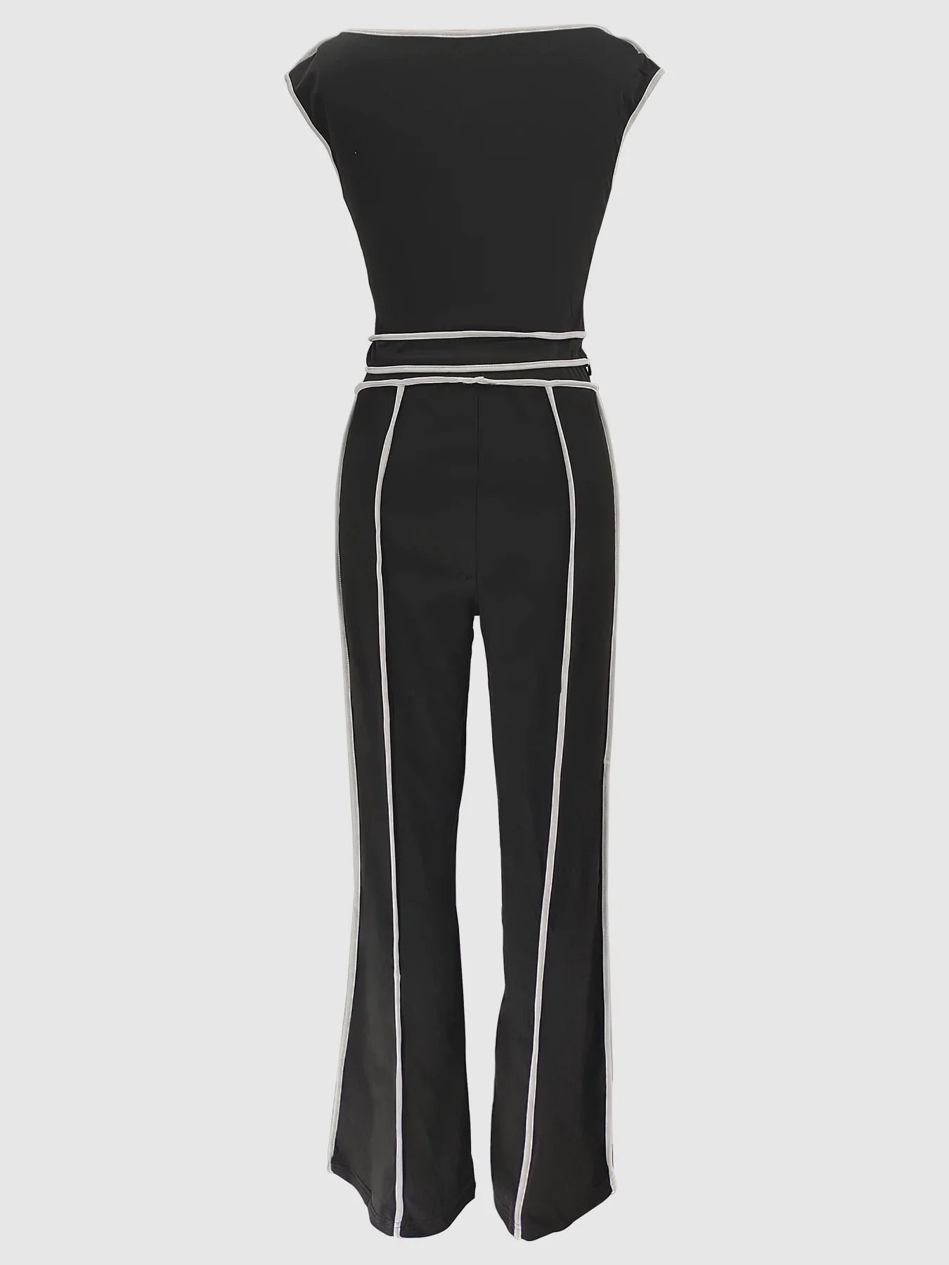Sexy Women Onelength Shoulder Splicing Line High Waisted Pants Suit Spring New  Casual Wide-leg Pants Short Sleeve 2 Piece Set