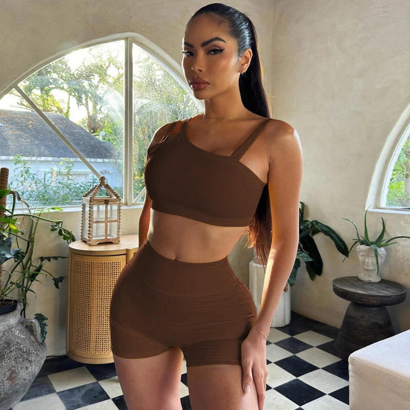 Hugcitar Summer Fashion 2 Pcs Sets Solid Straps Backless Sexy Crop Tank Top Draped Shorts Slim Women Clothes Vacation Work Out
