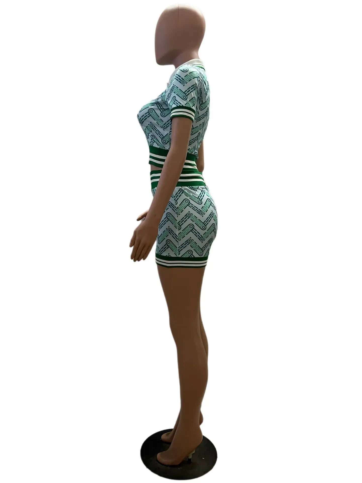 Retro Casual 2 Piece Sets Womens Outfits Spring Summer Digital Print Turn Down Collar Short Top+ Ribbed High-waisted Shorts Sets
