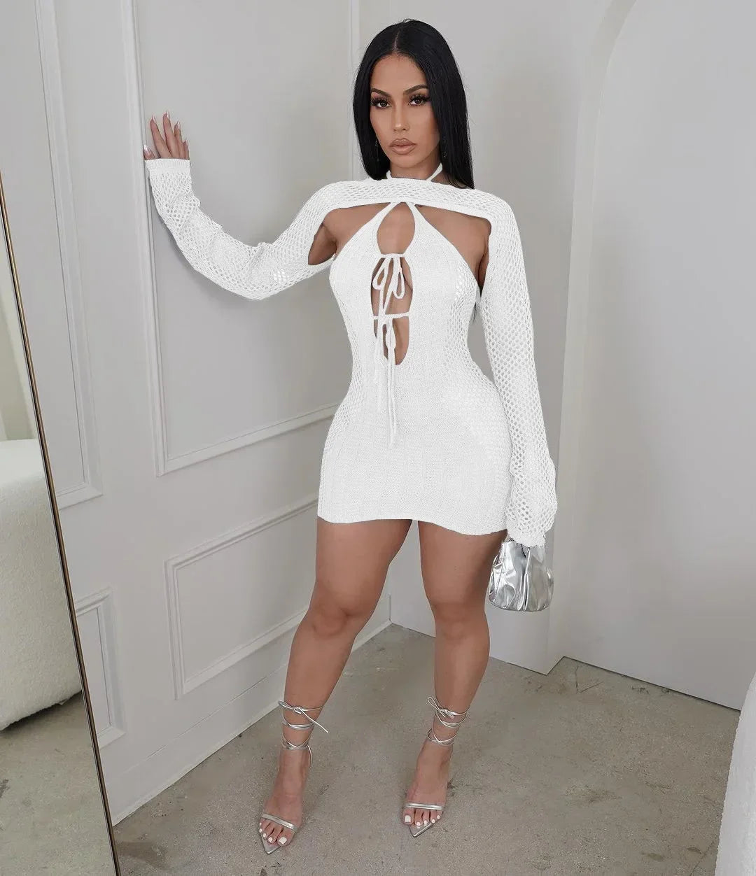 CM.YAYA Crochet Birthday Bodycon Midi Halter Neck Tie Up Dress  Women 2023 Dresses with Cover-ups Two 2 Piece Sets Vestidos
