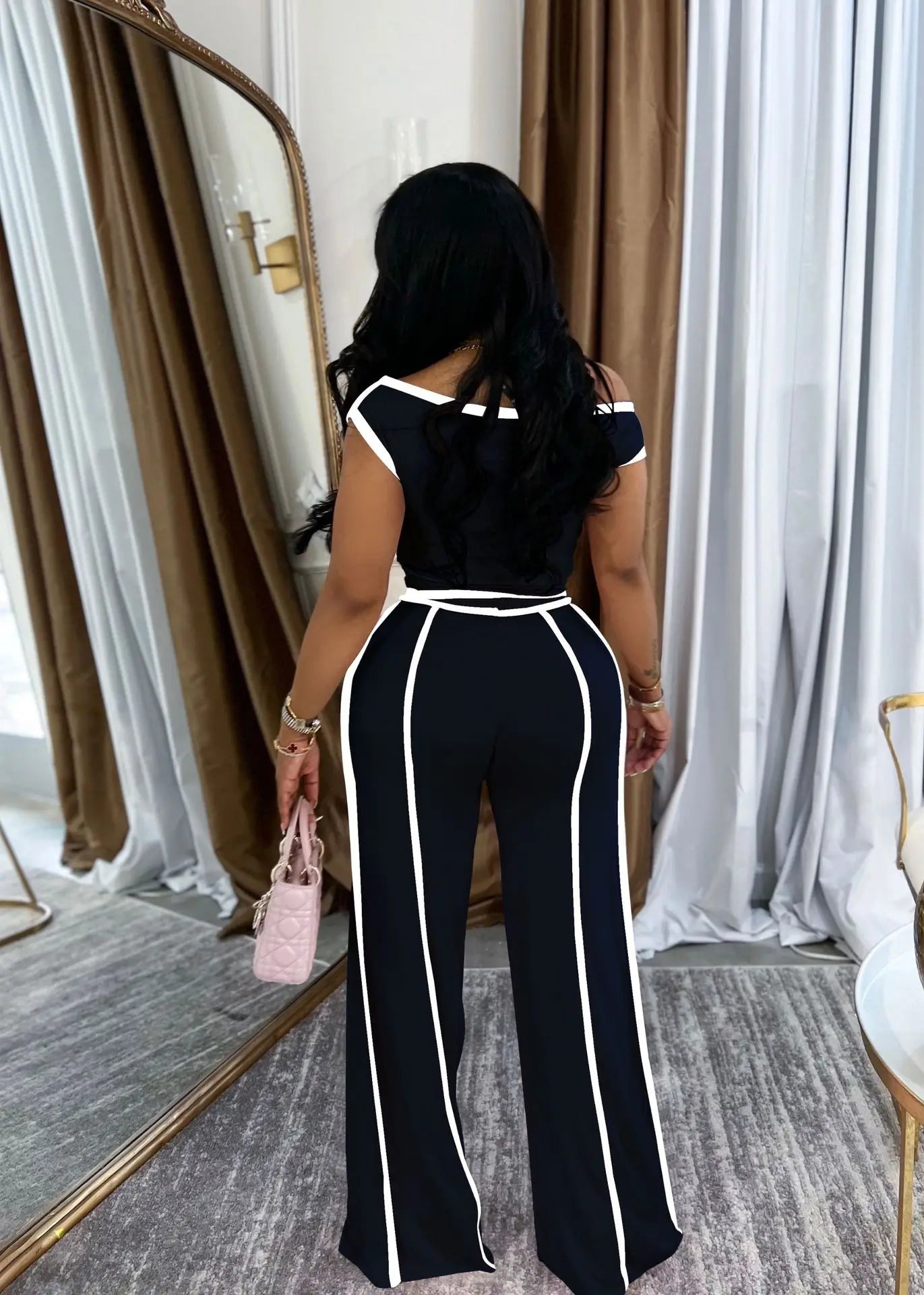 Sexy Women Onelength Shoulder Splicing Line High Waisted Pants Suit Spring New  Casual Wide-leg Pants Short Sleeve 2 Piece Set
