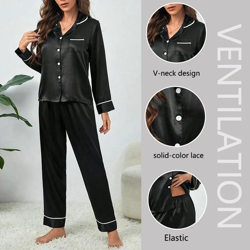 Plus Size Autumn and Winter Silk Pajamas Women Tops and Pants Solid Casual Soft Nightwear Buttons Cardigan Sleepwear Homewear