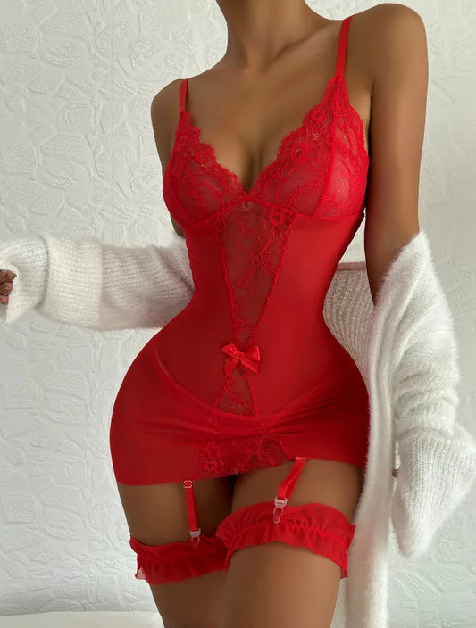 Women's Sexy Lace One Piece Tight Fitting Dress Women's Deep V-Neck Suspender Backless Lace Patchwork Solid Color Dress Pajamas
