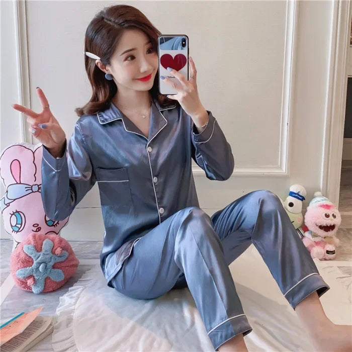 Plus Size Autumn and Winter Silk Pajamas Women Tops and Pants Solid Casual Soft Nightwear Buttons Cardigan Sleepwear Homewear