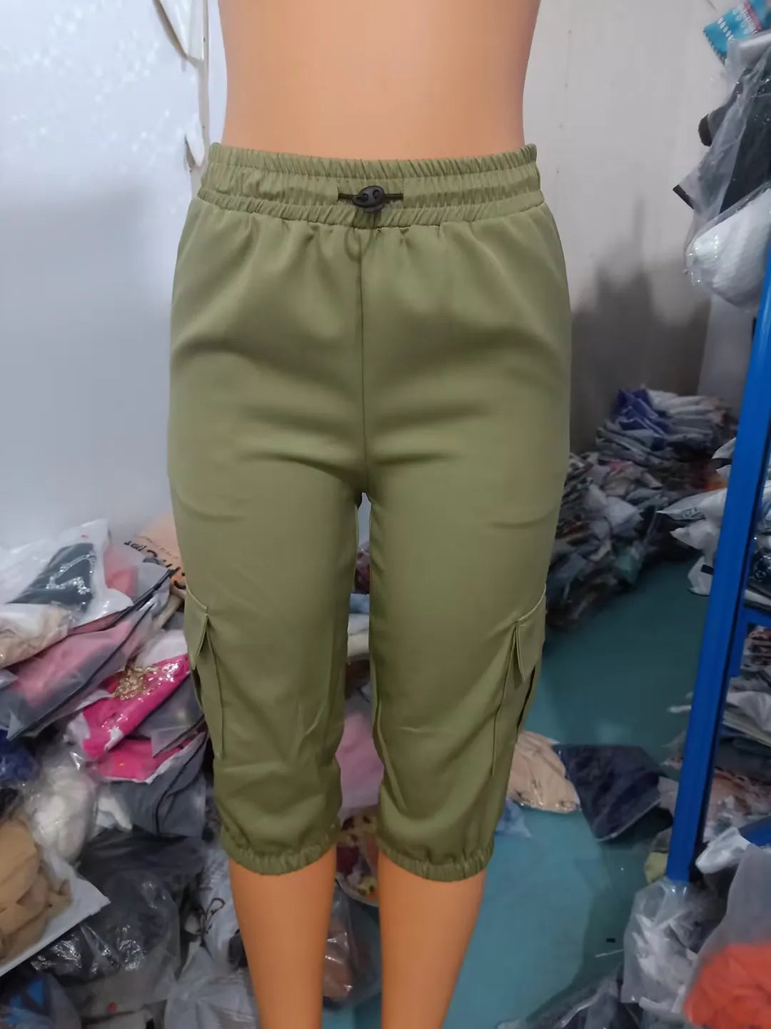 Women's Pants 2024 Summer Fashion Pocket Design Cuffed Drawstring Casual Plain High Waist Skinny Daily Knee-Length Pants