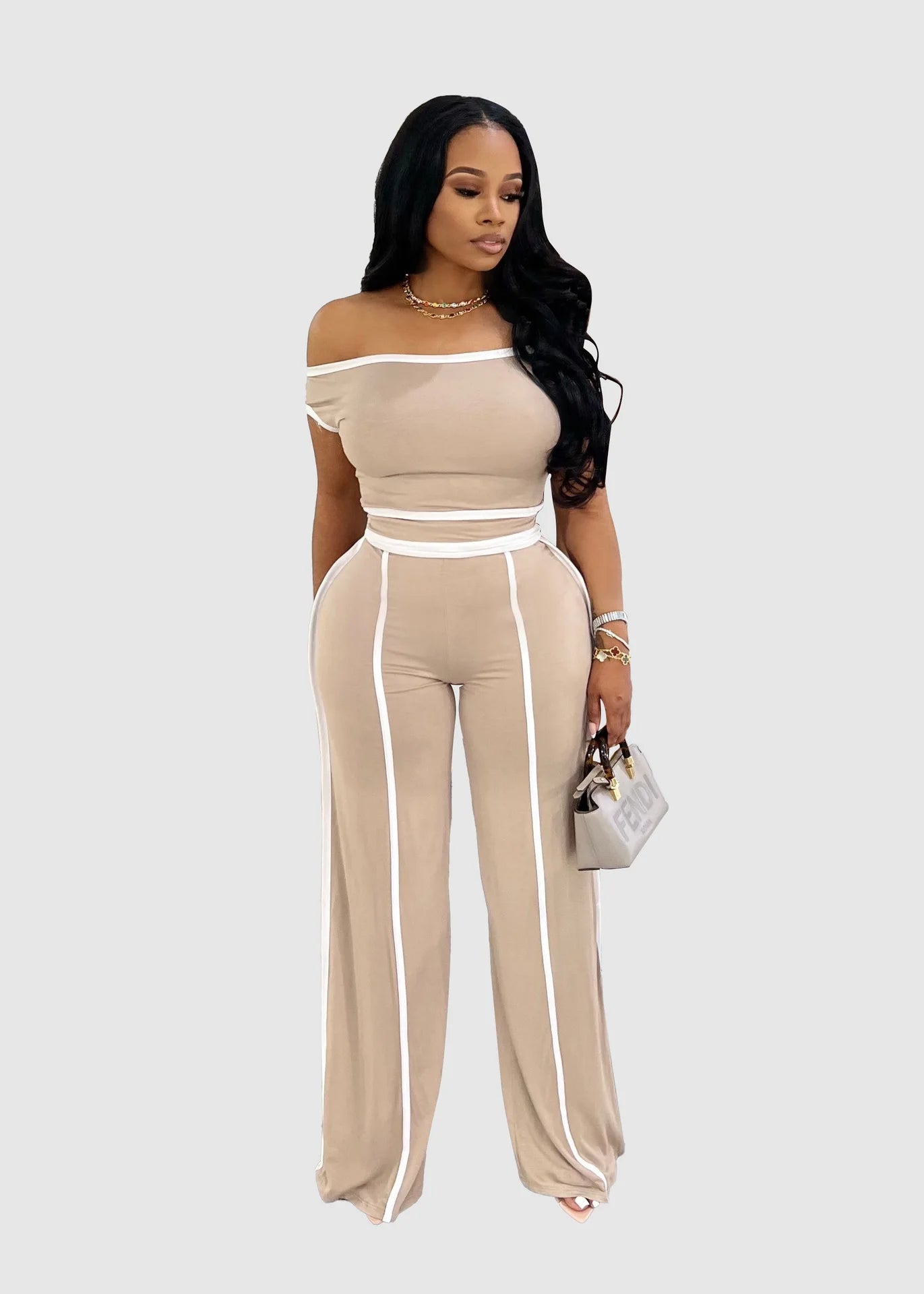 Sexy Women Onelength Shoulder Splicing Line High Waisted Pants Suit Spring New  Casual Wide-leg Pants Short Sleeve 2 Piece Set