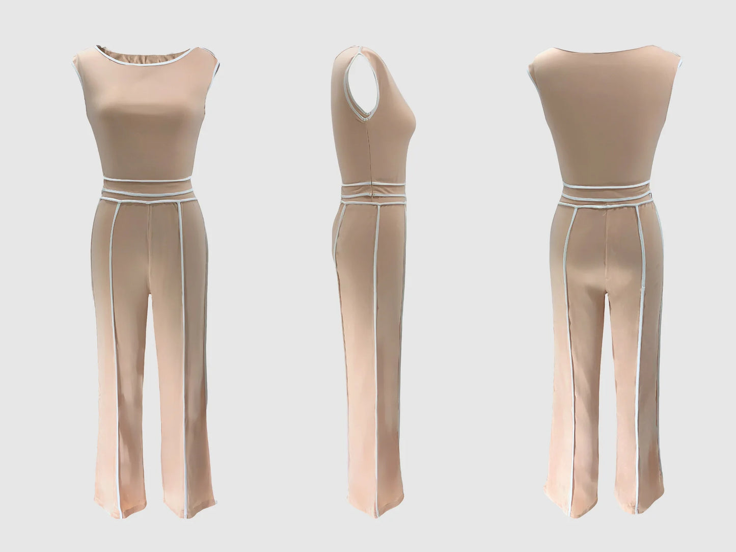 Sexy Women Onelength Shoulder Splicing Line High Waisted Pants Suit Spring New  Casual Wide-leg Pants Short Sleeve 2 Piece Set