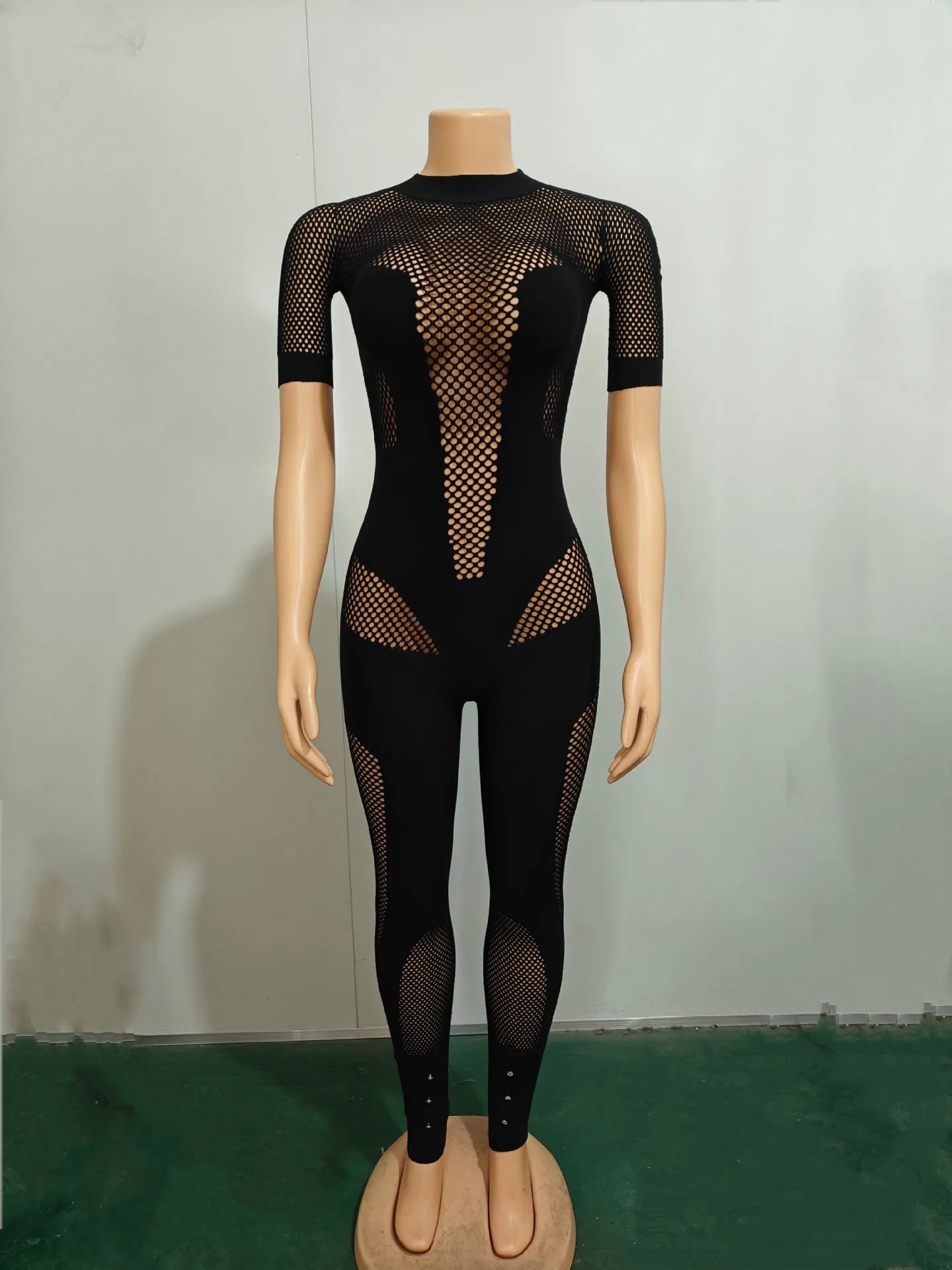 Short Sleeve Women Mesh Hollow Out O-neck Rompers Jumpsuits 2024 Summer Sleep Night Club Party One Piece Sexy Outfits