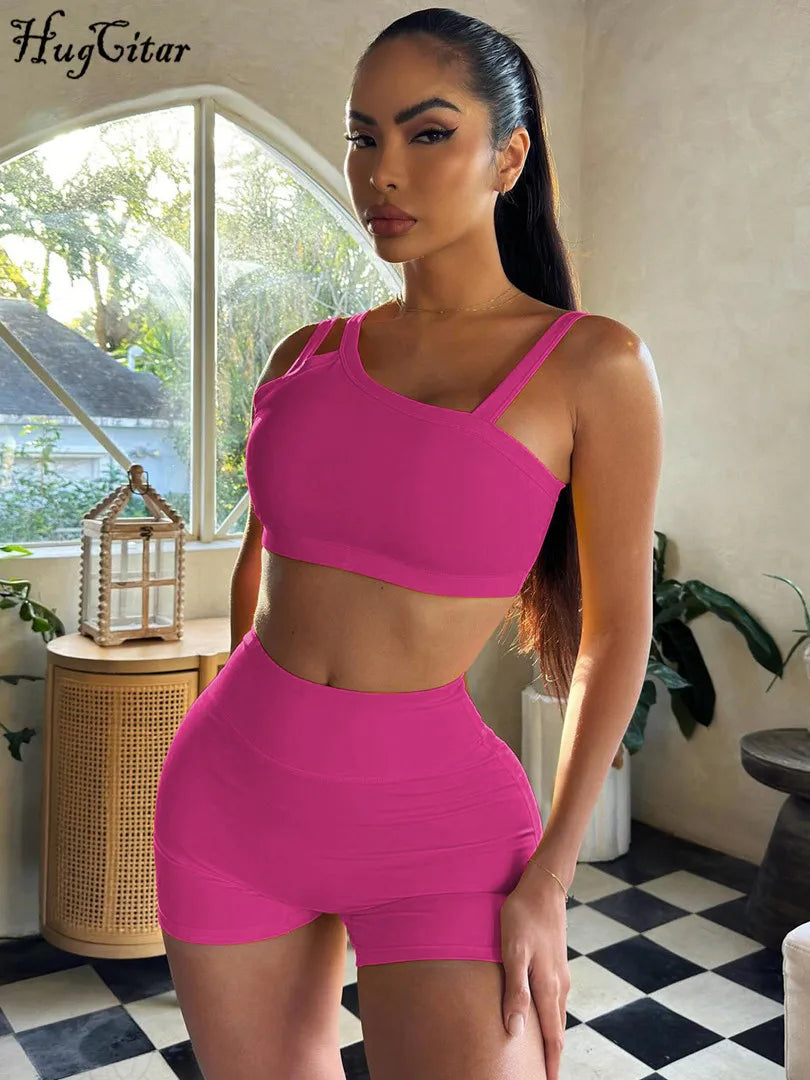 Hugcitar Summer Fashion 2 Pcs Sets Solid Straps Backless Sexy Crop Tank Top Draped Shorts Slim Women Clothes Vacation Work Out