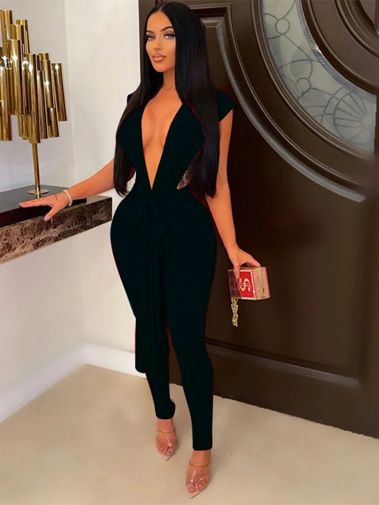 Sexy Skinny V-neck Jumpsuit Women Hollow Out Lace Up Strings Baddies Bodysuit Outfit Overalls Club Outfit Pant Set