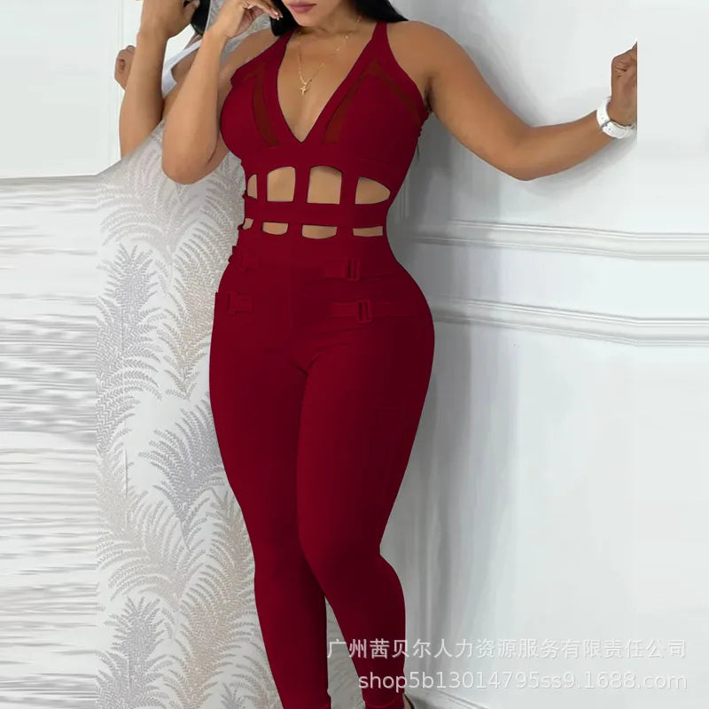2024 New White Waist Hollow Strap Neck Tight Jumpsuit Fashion Trend Sleeveless Spring And Autumn Solid Color
