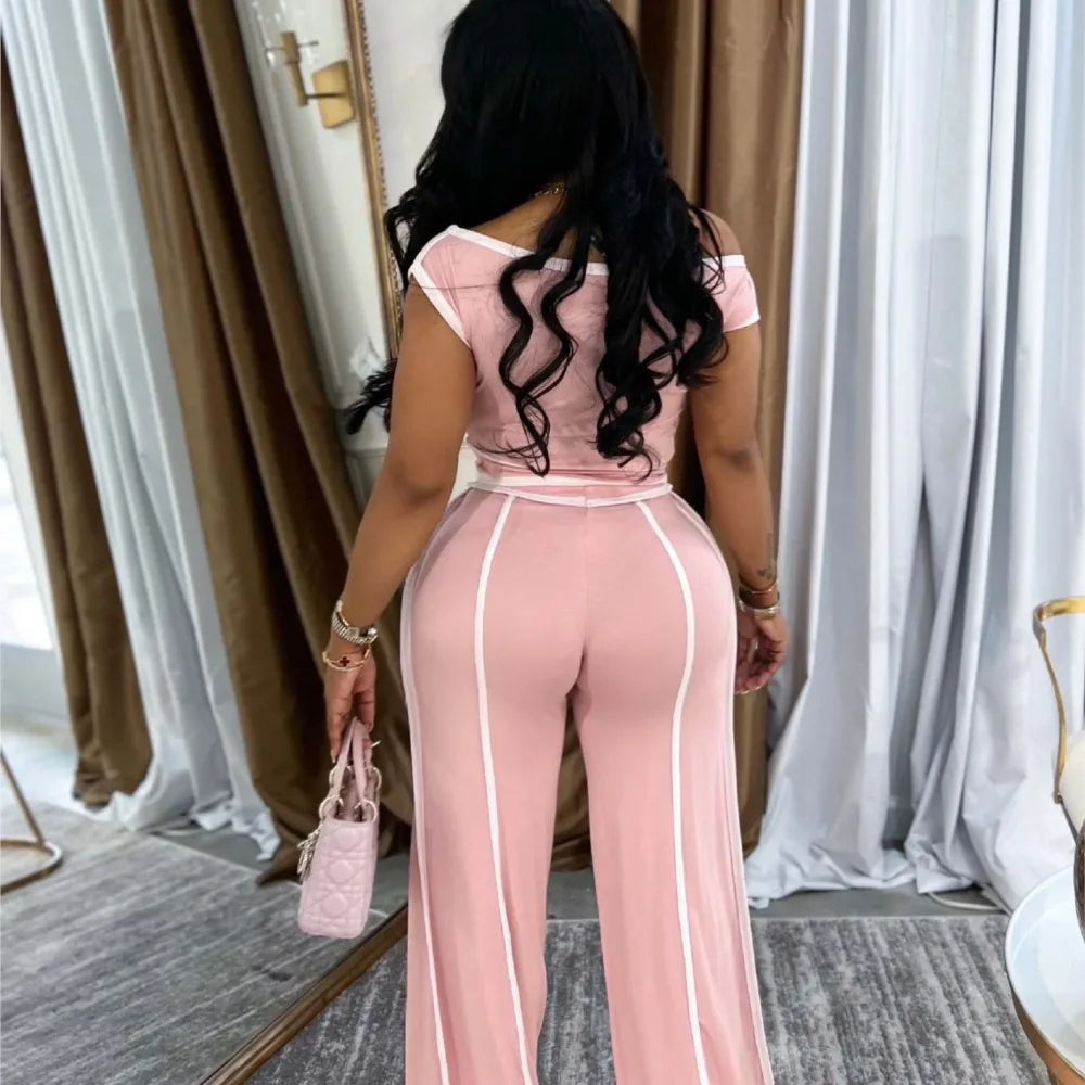 Sexy Women Onelength Shoulder Splicing Line High Waisted Pants Suit Spring New  Casual Wide-leg Pants Short Sleeve 2 Piece Set