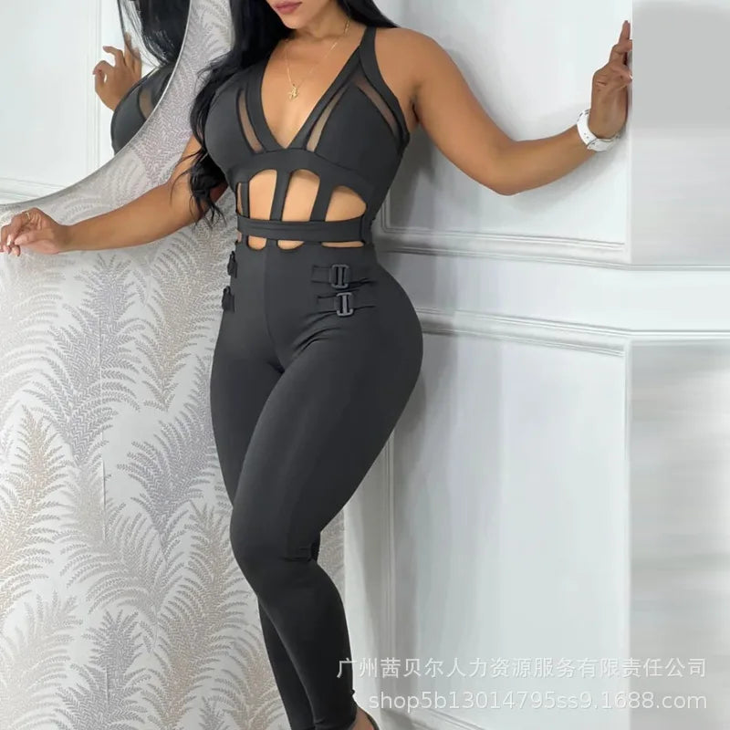 2024 New White Waist Hollow Strap Neck Tight Jumpsuit Fashion Trend Sleeveless Spring And Autumn Solid Color