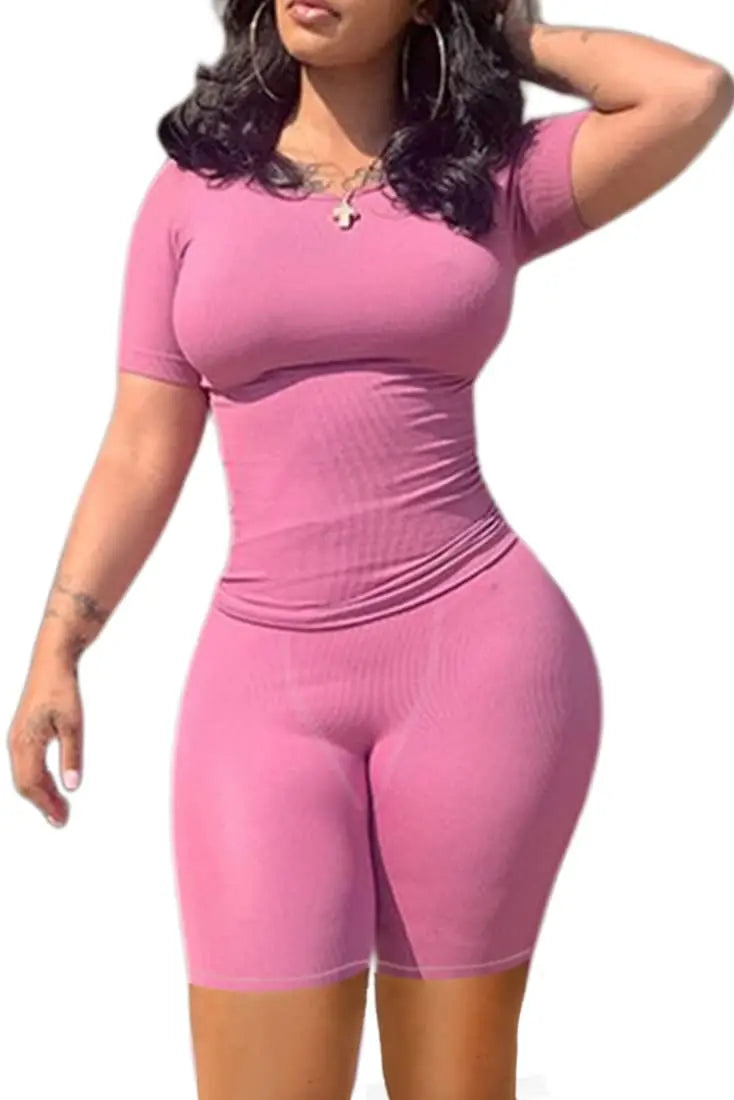 Lounge Wear Ribbed Casual 2 Piece Summer Shorts Set For Somen Short Sleeve Top+Elastic outfits