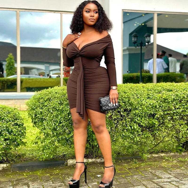 Sexy Ruched Long Sleeve Bodycon Dress Women Party Night Slash Neck Off The Shoulder Draped Ribbon Stretchy Hipster Club Dresses