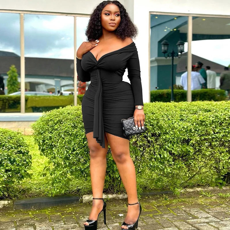 Sexy Ruched Long Sleeve Bodycon Dress Women Party Night Slash Neck Off The Shoulder Draped Ribbon Stretchy Hipster Club Dresses
