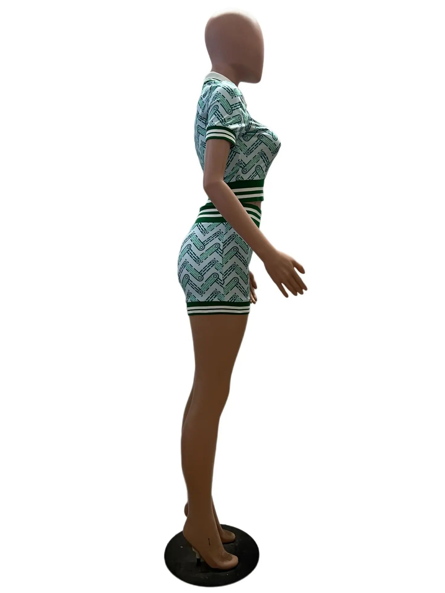Retro Casual 2 Piece Sets Womens Outfits Spring Summer Digital Print Turn Down Collar Short Top+ Ribbed High-waisted Shorts Sets