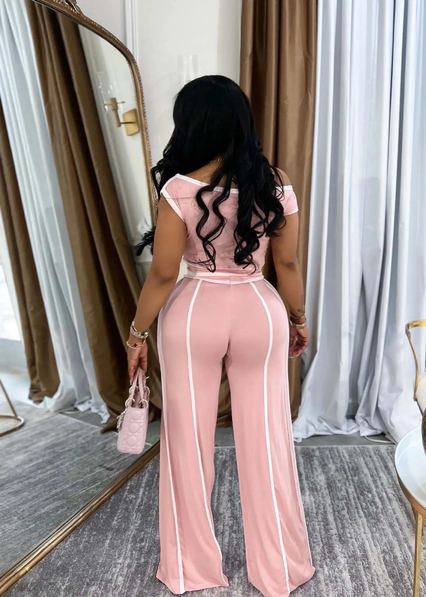 Sexy Women Onelength Shoulder Splicing Line High Waisted Pants Suit Spring New  Casual Wide-leg Pants Short Sleeve 2 Piece Set