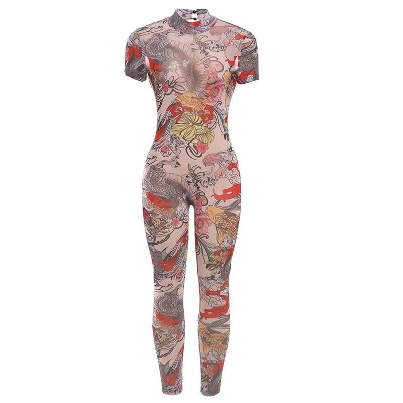 See Through Jumpsuit Women Backless Dragon Print Short Sleeve Fitness Activity Workout Overalls Slim Stretch Clubwear