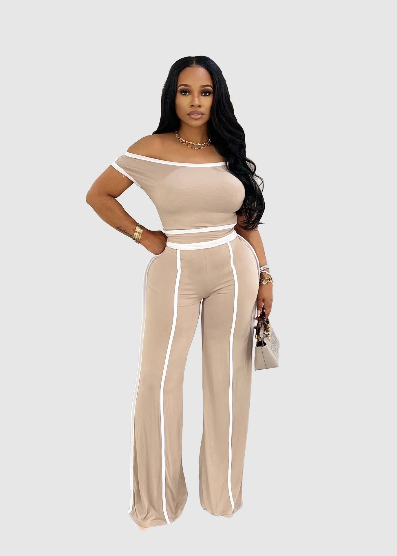 Sexy Women Onelength Shoulder Splicing Line High Waisted Pants Suit Spring New  Casual Wide-leg Pants Short Sleeve 2 Piece Set