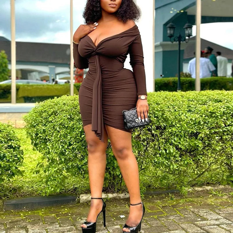 Sexy Ruched Long Sleeve Bodycon Dress Women Party Night Slash Neck Off The Shoulder Draped Ribbon Stretchy Hipster Club Dresses