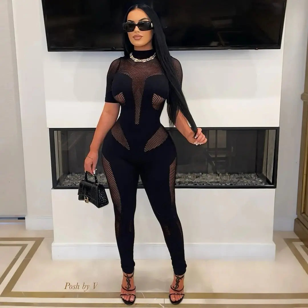 Short Sleeve Women Mesh Hollow Out O-neck Rompers Jumpsuits 2024 Summer Sleep Night Club Party One Piece Sexy Outfits