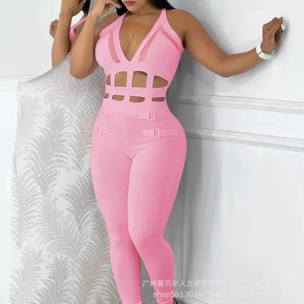 2024 New White Waist Hollow Strap Neck Tight Jumpsuit Fashion Trend Sleeveless Spring And Autumn Solid Color
