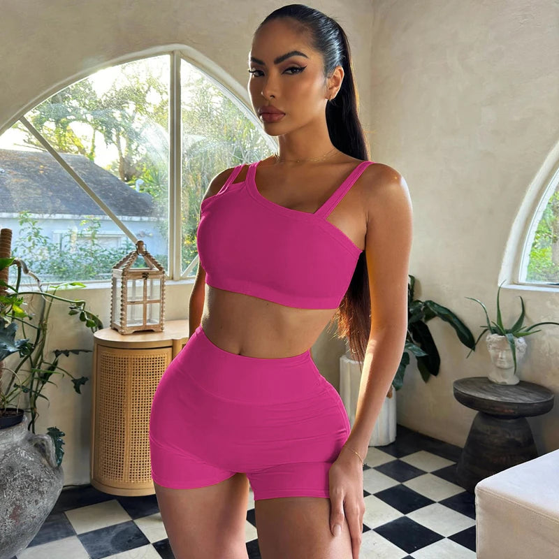 Hugcitar Summer Fashion 2 Pcs Sets Solid Straps Backless Sexy Crop Tank Top Draped Shorts Slim Women Clothes Vacation Work Out