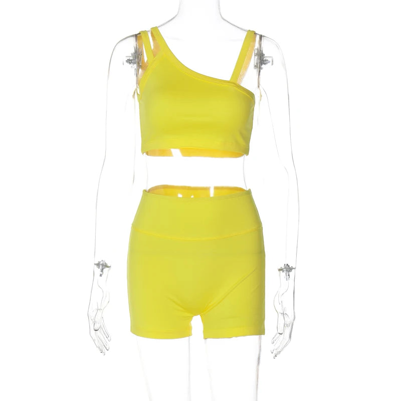 Hugcitar Summer Fashion 2 Pcs Sets Solid Straps Backless Sexy Crop Tank Top Draped Shorts Slim Women Clothes Vacation Work Out