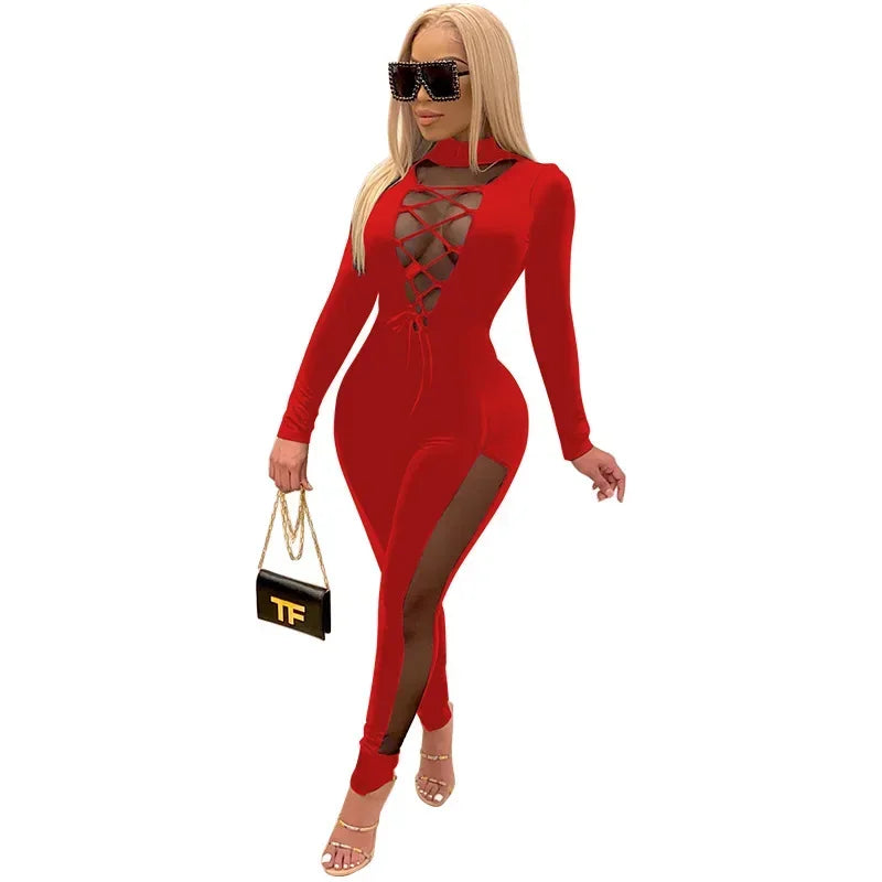 Mesh Patchwork Lace Up Turtleneck Bodycon Elastic Jumpsuit Women Sexy Club Night Party One Piece Overall Romper 2021