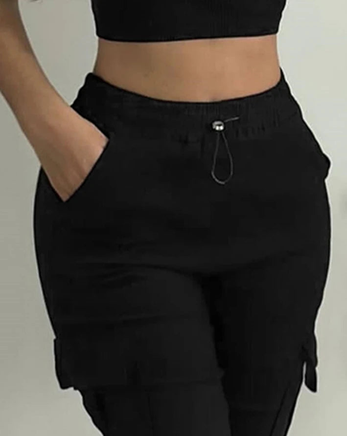 Women's Pants 2024 Summer Fashion Pocket Design Cuffed Drawstring Casual Plain High Waist Skinny Daily Knee-Length Pants