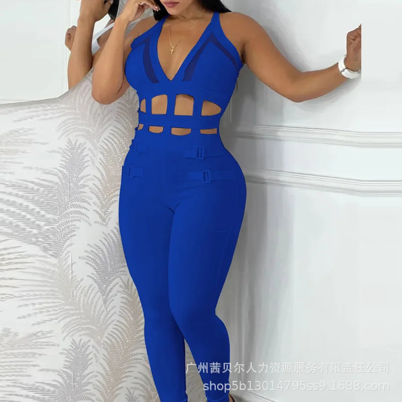 2024 New White Waist Hollow Strap Neck Tight Jumpsuit Fashion Trend Sleeveless Spring And Autumn Solid Color