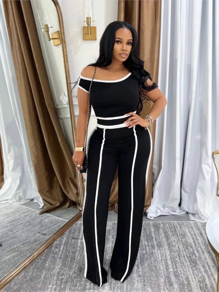 Sexy Women Onelength Shoulder Splicing Line High Waisted Pants Suit Spring New  Casual Wide-leg Pants Short Sleeve 2 Piece Set