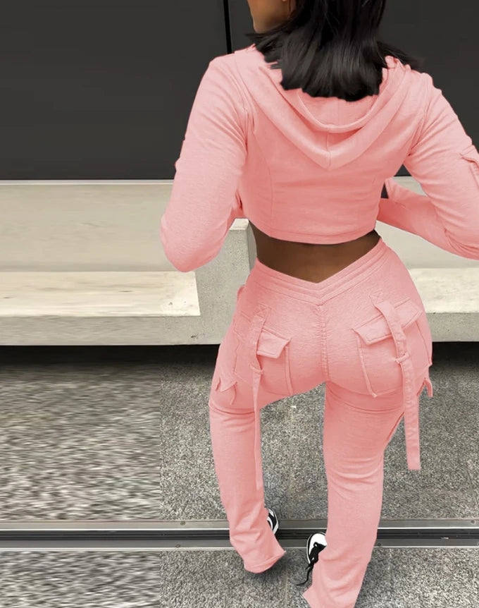 Womens Two Piece Casual Skinny Zipper Design Long Sleeve Crop Hoodie and Drawstring V-cut Waistline Cargo Joggers Sweatpants Set