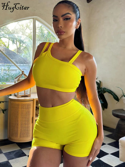 Hugcitar Summer Fashion 2 Pcs Sets Solid Straps Backless Sexy Crop Tank Top Draped Shorts Slim Women Clothes Vacation Work Out