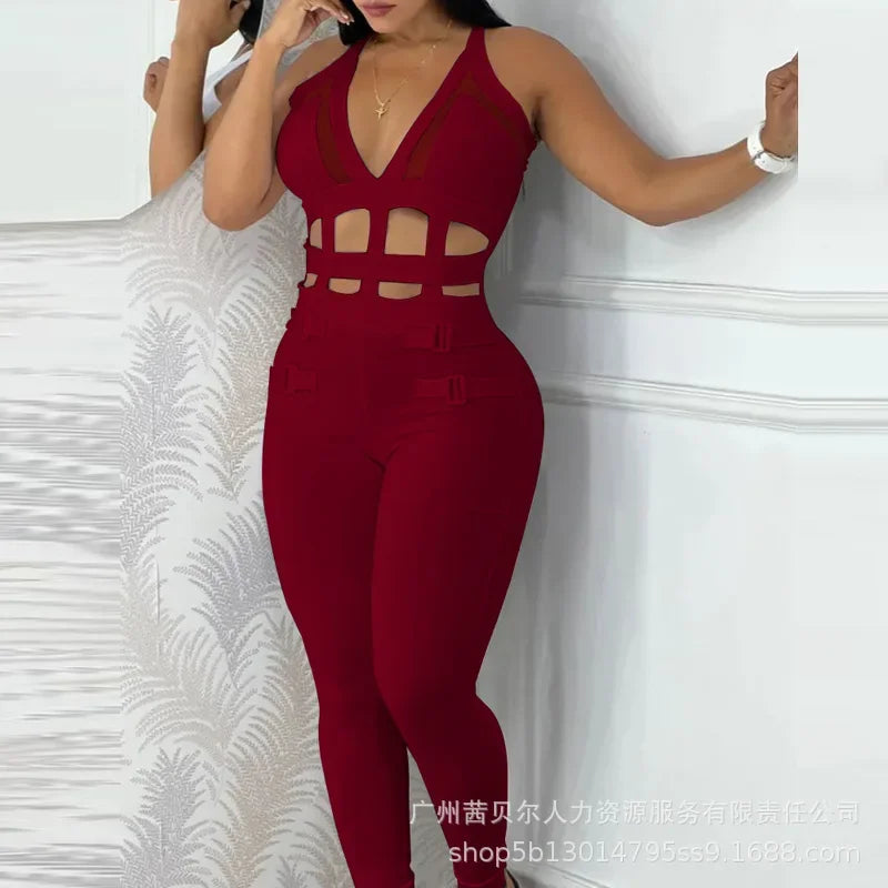 2024 New White Waist Hollow Strap Neck Tight Jumpsuit Fashion Trend Sleeveless Spring And Autumn Solid Color